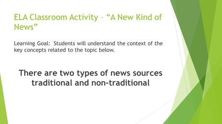 ELA Classroom Activity – “A New Kind of News” Learning Goal: Students will understand the context of the key concepts related to the topic below. There.