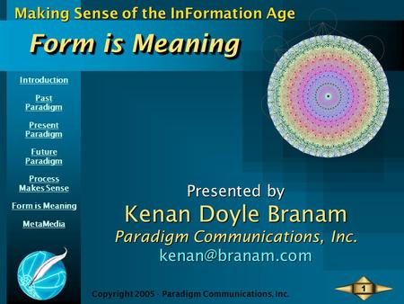 Introduction Past Paradigm Present Paradigm Future Paradigm Process Makes Sense Form is Meaning MetaMedia Making Sense of the InFormation Age Copyright.