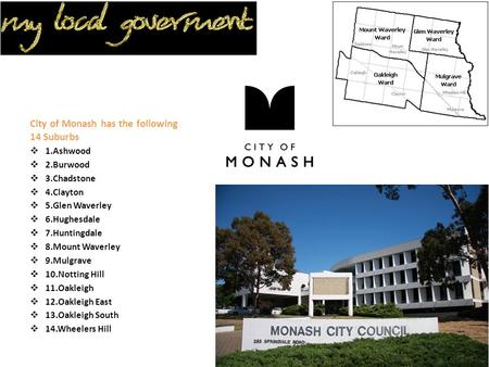 City of Monash has the following 14 Suburbs  1.Ashwood  2.Burwood  3.Chadstone  4.Clayton  5.Glen Waverley  6.Hughesdale  7.Huntingdale  8.Mount.