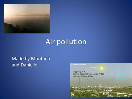 Air pollution Made by Montana and Danielle. Common air pollutants Air Bourne lead Carbon monoxide Nitrogen oxide Organic pollutants Sulphur dioxide These.