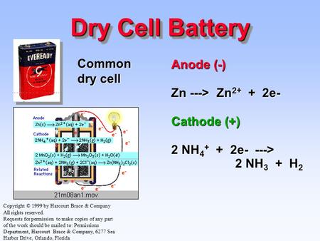 Dry Cell Battery Anode (-) Zn ---> Zn 2+ + 2e- Cathode (+) 2 NH 4 + + 2e- ---> 2 NH 3 + H 2 Common dry cell Copyright © 1999 by Harcourt Brace & Company.