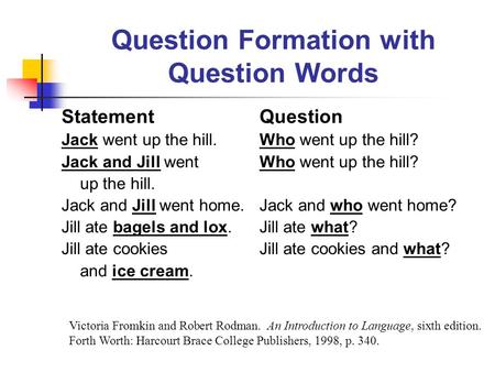 Question Formation with Question Words StatementQuestion Jack went up the hill.Who went up the hill? Jack and Jill wentWho went up the hill? up the hill.
