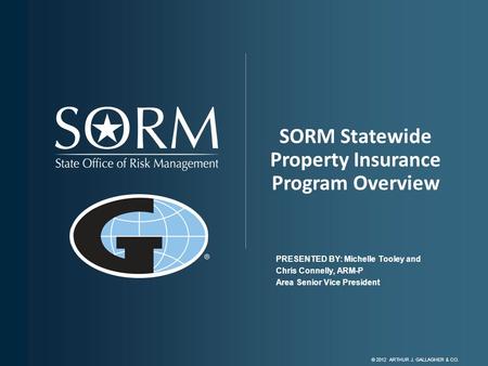 © 2012 ARTHUR J. GALLAGHER & CO. SORM Statewide Property Insurance Program Overview PRESENTED BY: Michelle Tooley and Chris Connelly, ARM-P Area Senior.