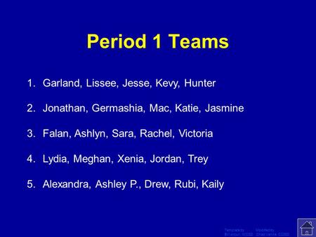 Period 1 Teams Template by Modified by Bill Arcuri, WCSD Chad Vance, CCISD 1.Garland, Lissee, Jesse, Kevy, Hunter 2.Jonathan, Germashia, Mac, Katie, Jasmine.