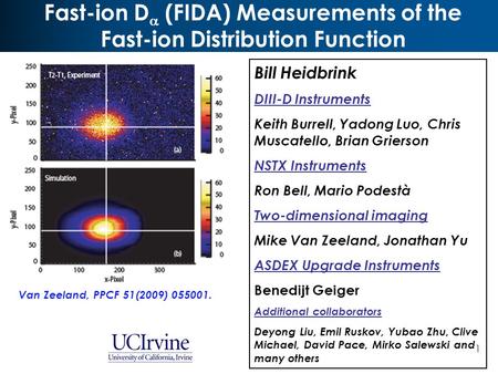 1 Fast-ion D  (FIDA) Measurements of the Fast-ion Distribution Function Bill Heidbrink DIII-D Instruments Keith Burrell, Yadong Luo, Chris Muscatello,