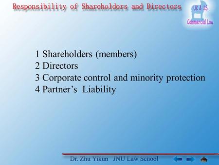 1 Shareholders (members) 2 Directors 3 Corporate control and minority protection 4 Partner’s Liability.