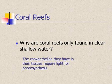 Coral Reefs Why are coral reefs only found in clear shallow water? The zooxanthellae they have in their tissues require light for photosynthesis.