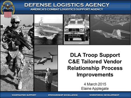 DLA Troop Support C&E Tailored Vendor Relationship Process Improvements 4 March 2015 Elaine Applegate.