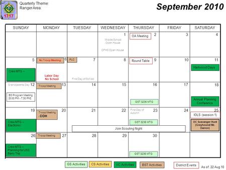 As of: 22 Aug 10 District Events BST Activities VC Activities CS Activities GS Activities SATURDAYFRIDAYTHURSDAYWEDNESDAYTUESDAYMONDAYSUNDAY 1 2 4 6 5.