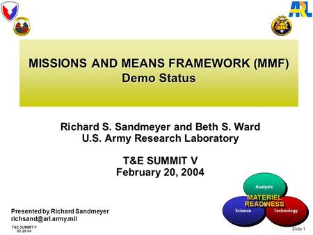 T&E SUMMIT V 02-20-04 Slide 1 Analysis Technology Science MATERIEL READINESS MATERIEL READINESS Presented by Richard Sandmeyer Richard.