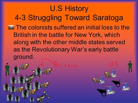U.S History 4-3 Struggling Toward Saratoga The colonists suffered an initial loss to the British in the battle for New York, which along with the other.