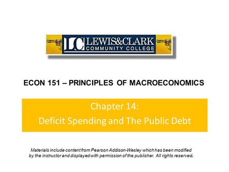 Chapter 14: Deficit Spending and The Public Debt ECON 151 – PRINCIPLES OF MACROECONOMICS Materials include content from Pearson Addison-Wesley which has.