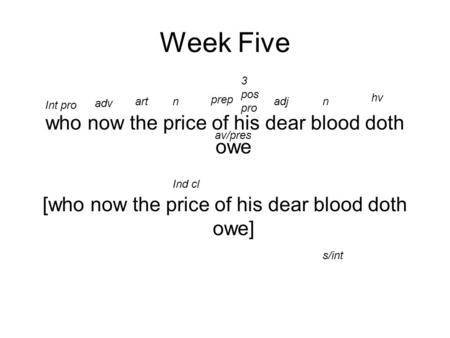 Week Five who now the price of his dear blood doth owe