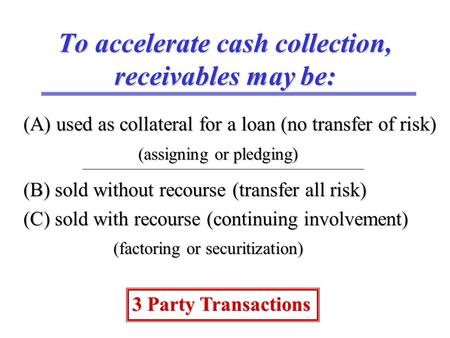 To accelerate cash collection, receivables may be: (A) used as collateral for a loan (no transfer of risk) (assigning or pledging) (assigning or pledging)