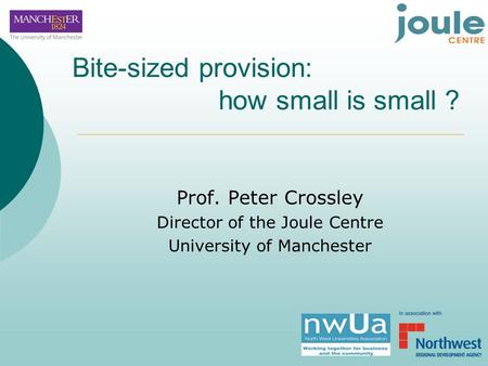 Bite-sized provision: how small is small ? Prof. Peter Crossley Director of the Joule Centre University of Manchester.