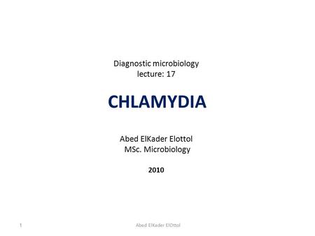 Diagnostic microbiology lecture: 17 CHLAMYDIA Abed ElKader Elottol MSc. Microbiology 2010 1Abed ElKader ElOttol.