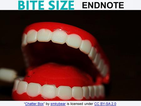 Bite Size Referencing ENDNOTE “Chatter Box” by smkybear is licensed under CC BY-SA 2.0Chatter BoxsmkybearCC BY-SA 2.0.