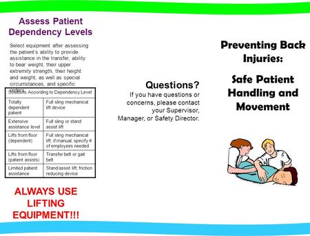 Questions? If you have questions or concerns, please contact your Supervisor, Manager, or Safety Director. Preventing Back Injuries: Safe Patient Handling.