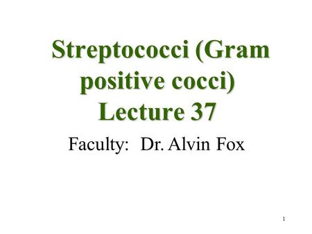 1 Streptococci (Gram positive cocci) Lecture 37 Streptococci (Gram positive cocci) Lecture 37 Faculty: Dr. Alvin Fox.