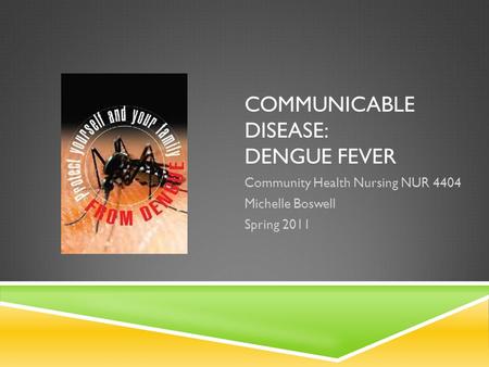 COMMUNICABLE DISEASE: DENGUE FEVER Community Health Nursing NUR 4404 Michelle Boswell Spring 2011.