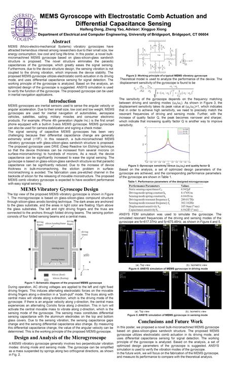 MEMS Gyroscope with Electrostatic Comb Actuation and Differential Capacitance Sensing Haifeng Dong, Zheng Yao, Advisor: Xingguo Xiong Department of Electrical.