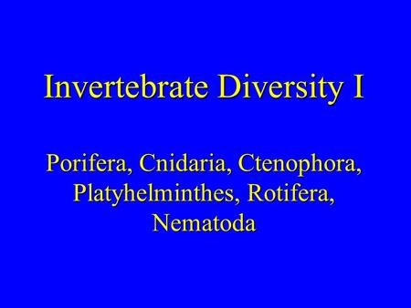 Invertebrate Diversity I Porifera, Cnidaria, Ctenophora, Platyhelminthes, Rotifera, Nematoda.