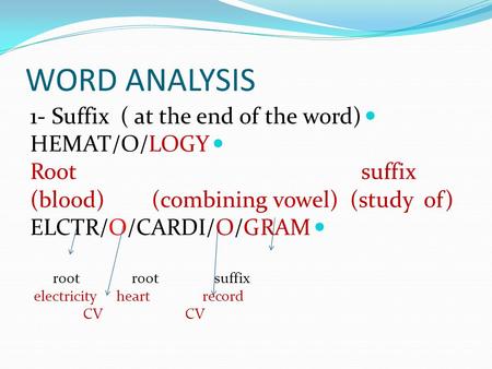 WORD ANALYSIS 1- Suffix ( at the end of the word) HEMAT/O/LOGY Root suffix (blood) (combining vowel) (study of) ELCTR/O/CARDI/O/GRAM root root suffix.