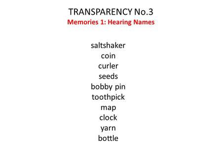 TRANSPARENCY No.3 Memories 1: Hearing Names saltshaker coin curler seeds bobby pin toothpick map clock yarn bottle.