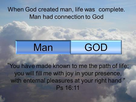When God created man, life was complete. Man had connection to God ManGOD ” You have made known to me the path of life; you will fill me with joy in your.