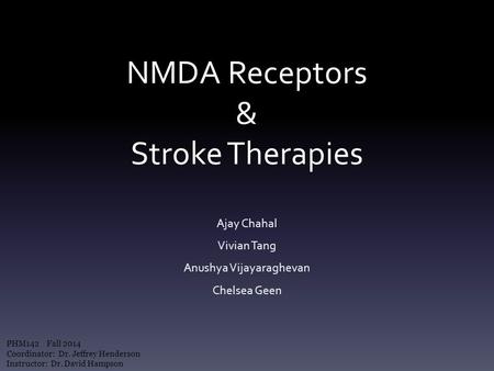 NMDA Receptors & Stroke Therapies Ajay Chahal Vivian Tang Anushya Vijayaraghevan Chelsea Geen PHM142 Fall 2014 Coordinator: Dr. Jeffrey Henderson Instructor: