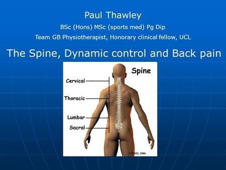 Paul Thawley BSc (Hons) MSc (sports med) Pg Dip Team GB Physiotherapist, Honorary clinical fellow, UCL The Spine, Dynamic control and Back pain.