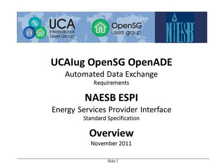 Slide 1 UCAIug OpenSG OpenADE Automated Data Exchange Requirements NAESB ESPI Energy Services Provider Interface Standard Specification Overview November.