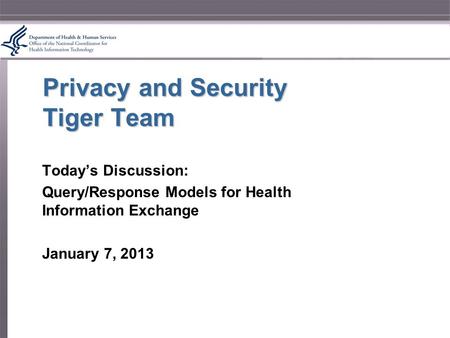 Privacy and Security Tiger Team Today’s Discussion: Query/Response Models for Health Information Exchange January 7, 2013.