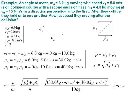 Example: An eagle of mass, mA = 6. 0 kg moving with speed vA = 5