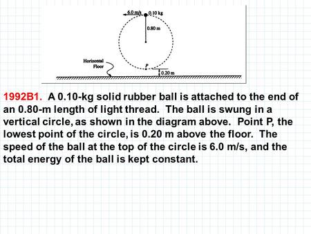 1992B1. A kg solid rubber ball is attached to the end of an 0