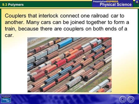 9.3 Polymers Couplers that interlock connect one railroad car to another. Many cars can be joined together to form a train, because there are couplers.