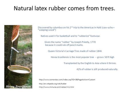 Natural latex rubber comes from trees. Discovered by columbus on his 2 nd trip to the Americas in Haiti (caw-uchu = “weeping wood”) Natives used it for.