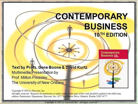 Copyright © 2002 by Harcourt, Inc. All rights reserved. CONTEMPORARY BUSINESS 10 TH EDITION Text by Profs. Gene Boone & David Kurtz Multimedia Presentation.