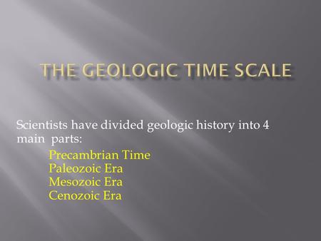 Scientists have divided geologic history into 4 main parts: Precambrian Time Paleozoic Era Mesozoic Era Cenozoic Era.