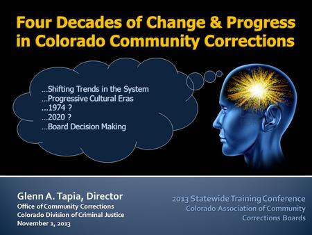 Glenn A. Tapia, Director Office of Community Corrections Colorado Division of Criminal Justice November 1, 2013 Four Decades of Change & Progress in Colorado.