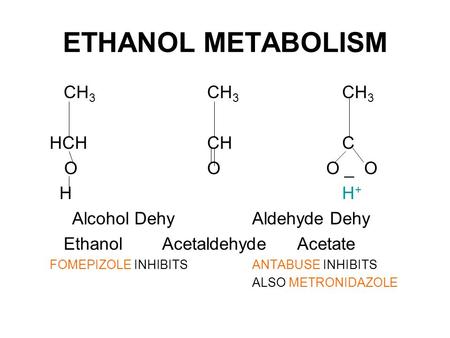 ETHANOL METABOLISM CH 3 CH 3 CH 3 HCHCHC OO O _ O HH + Alcohol DehyAldehyde Dehy EthanolAcetaldehydeAcetate FOMEPIZOLE INHIBITSANTABUSE INHIBITS ALSO METRONIDAZOLE.