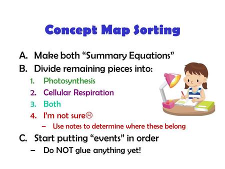 Concept Map Sorting A.Make both “Summary Equations” B.Divide remaining pieces into: 1.Photosynthesis 2.Cellular Respiration 3.Both 4.I’m not sure  –Use.