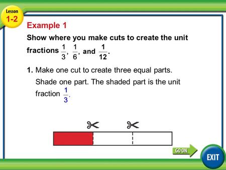 Lesson 1-2 Example 1 1-2 Example 1 Show where you make cuts to create the unit fractions 1.Make one cut to create three equal parts. Shade one part. The.