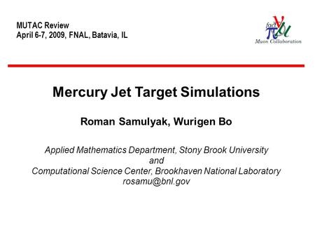 MUTAC Review April 6-7, 2009, FNAL, Batavia, IL Mercury Jet Target Simulations Roman Samulyak, Wurigen Bo Applied Mathematics Department, Stony Brook University.