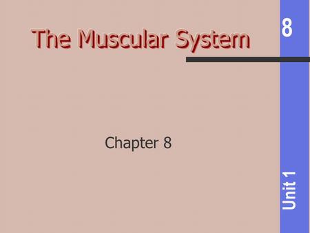 8 Unit 1 Chapter 8. 8 Unit 1 Skeletal- 40-50% of total body weight- voluntary mostly movement of bone & body parts Stabilizing body positions Cardiac-