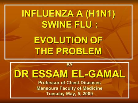 INFLUENZA A (H1N1) SWINE FLU : EVOLUTION OF THE PROBLEM BY DR ESSAM EL-GAMAL Professor of Chest Diseases Mansoura Faculty of Medicine Tuesday May, 5, 2009.