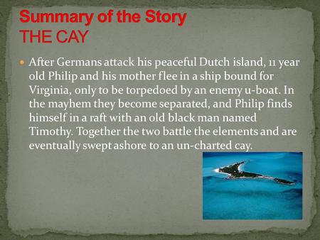 After Germans attack his peaceful Dutch island, 11 year old Philip and his mother flee in a ship bound for Virginia, only to be torpedoed by an enemy u-boat.
