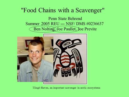 Food Chains with a Scavenger Penn State Behrend Summer 2005 REU --- NSF/ DMS #0236637 Ben Nolting, Joe Paullet, Joe Previte Tlingit Raven, an important.