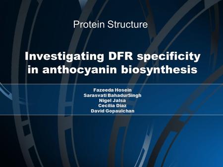 Protein Structure Investigating DFR specificity in anthocyanin biosynthesis Fazeeda Hosein Sarasvati BahadurSingh Nigel Jalsa Cecilia Diaz David Gopaulchan.