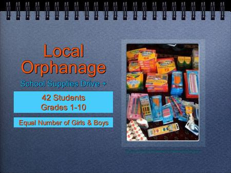 Local Orphanage School Supplies Drive +  42 Students Grades 1-10 42 Students.